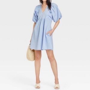 Blue Striped Seersucker Dress with Puff Sleeves